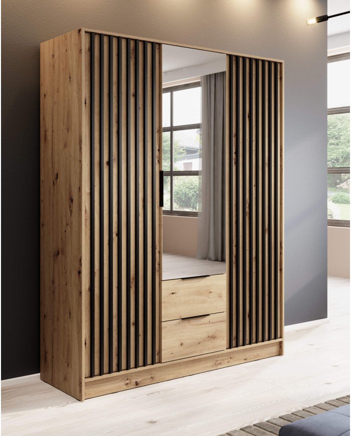 Nelly 3D wardrobe, three doors, 155 cm, shelves, hanger, drawers, mirror, Artisan Oak/Black - Image 3