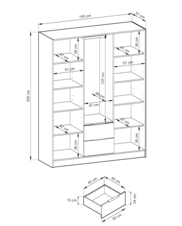 Nelly 3D wardrobe, three doors, 155 cm, shelves, hanger, drawers, mirror, Artisan Oak/Black - Image 4