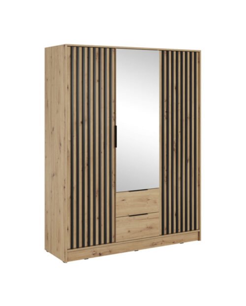 Nelly 3D wardrobe, three doors, 155 cm, shelves, hanger, drawers, mirror, Artisan Oak/Black