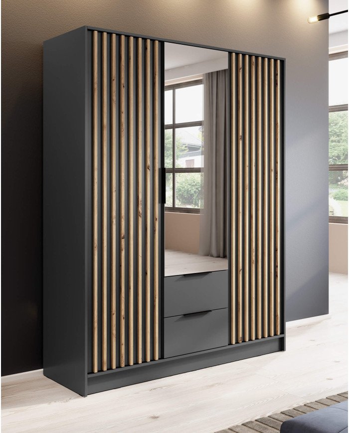 Nelly 3D wardrobe, three doors, 155 cm, shelves, hanger, drawers, mirror, graphite/artisan oak color - Image 3
