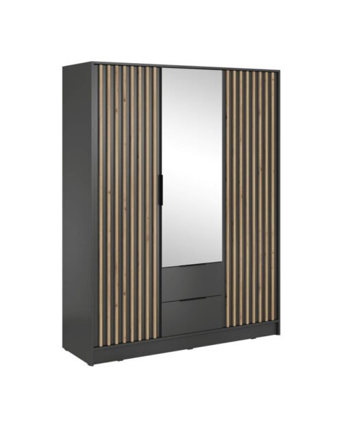 Nelly 3D wardrobe, three doors, 155 cm, shelves, hanger, drawers, mirror, graphite/artisan oak color