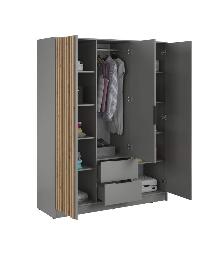 Nelly 3D wardrobe, 3 doors, 155 cm, shelves, hanger, drawers, mirror, gray/artisan oak - Image 2