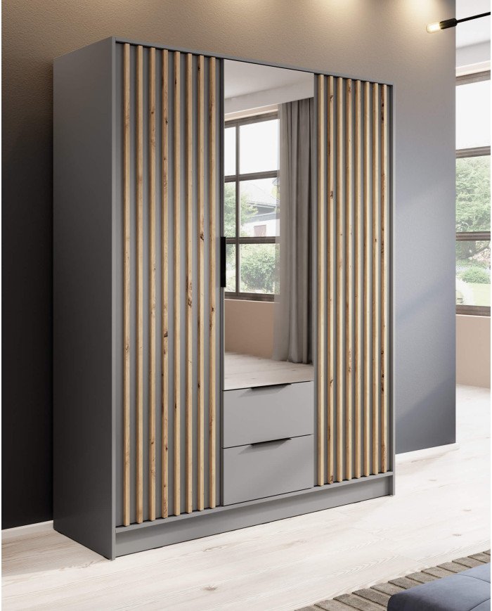 Nelly 3D wardrobe, 3 doors, 155 cm, shelves, hanger, drawers, mirror, gray/artisan oak - Image 3