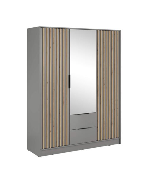 Nelly 3D wardrobe, 3 doors, 155 cm, shelves, hanger, drawers, mirror, gray/artisan oak