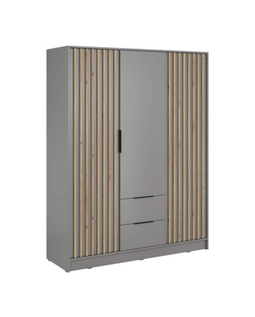Nelly 3D wardrobe, 3 doors, 155 cm, shelves, hanger, drawers, gray/artisan oak