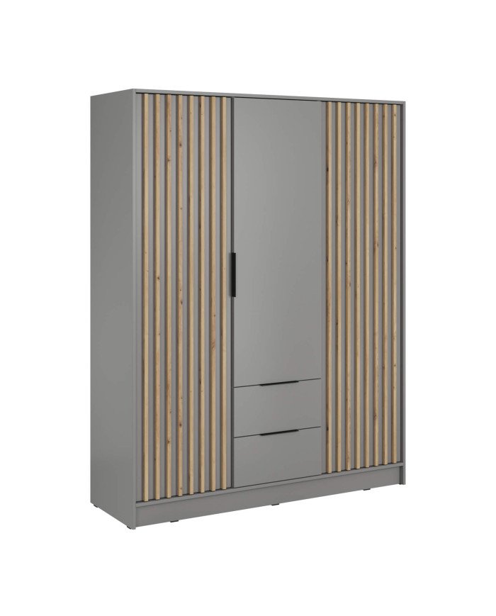 Nelly 3D wardrobe, 3 doors, 155 cm, shelves, hanger, drawers, gray/artisan oak