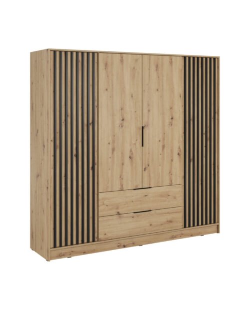 Nelly 4D wardrobe, four doors, 206 cm, shelves, hanger, drawers, Artisan oak/black