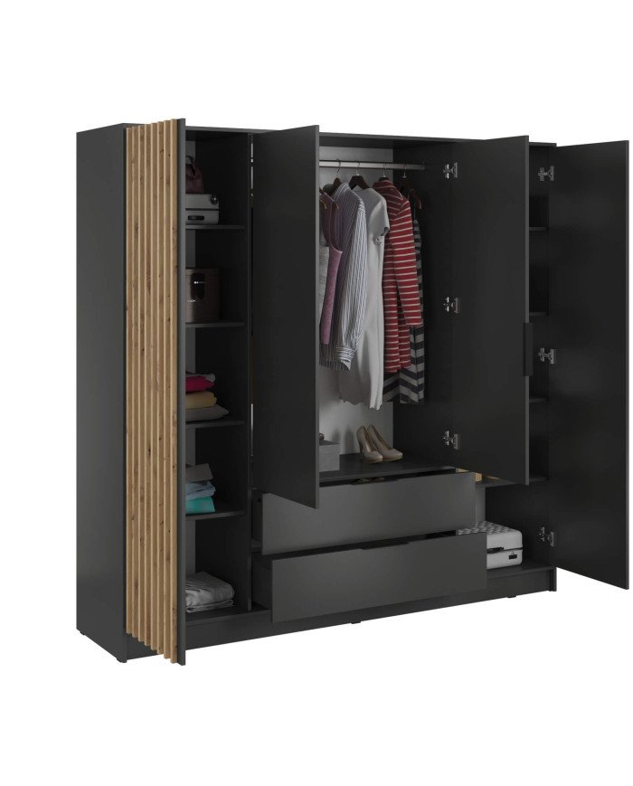 Nelly 4D wardrobe, four doors, 206 cm, shelves, hanger, drawers, graphite/artisan oak color - Image 2