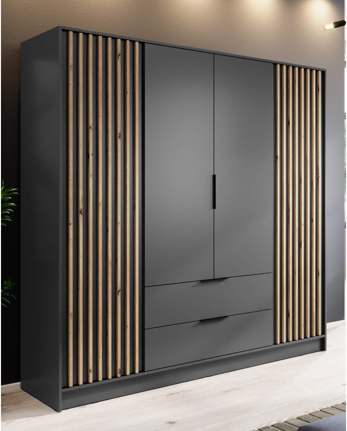 Nelly 4D wardrobe, four doors, 206 cm, shelves, hanger, drawers, graphite/artisan oak color - Image 3