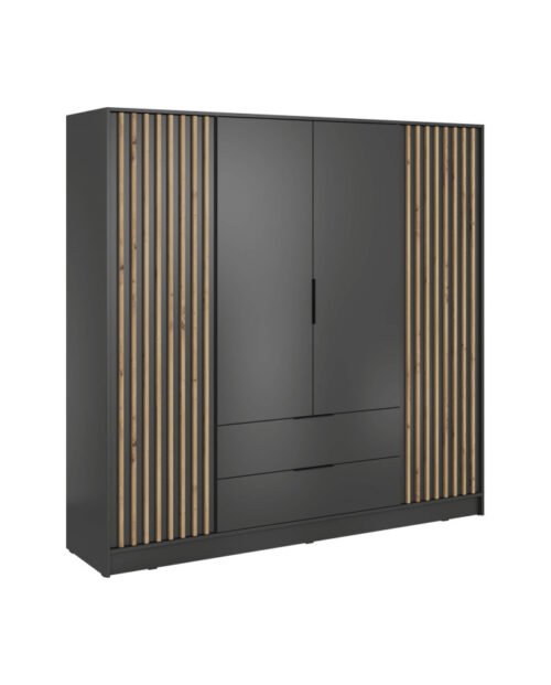 Nelly 4D wardrobe, four doors, 206 cm, shelves, hanger, drawers, graphite/artisan oak color