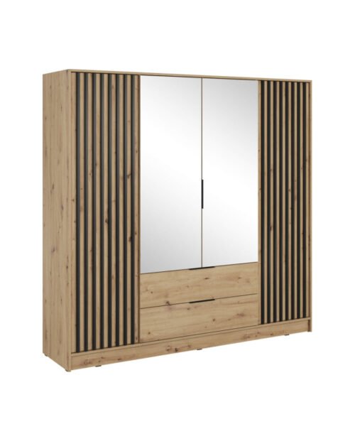 Nelly 4D wardrobe, four doors, 206 cm, shelves, hanger, drawers, mirrors, Artisan oak/black