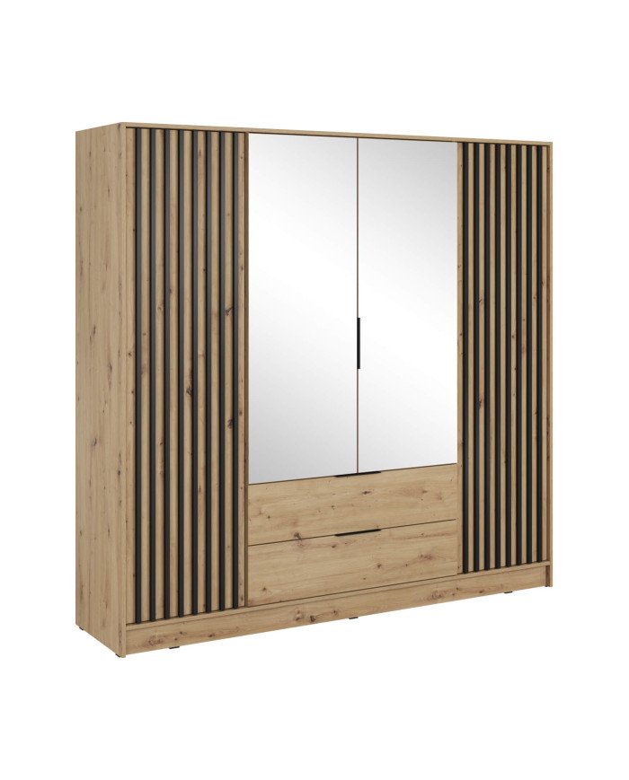 Nelly 4D wardrobe, four doors, 206 cm, shelves, hanger, drawers, mirrors, Artisan oak/black