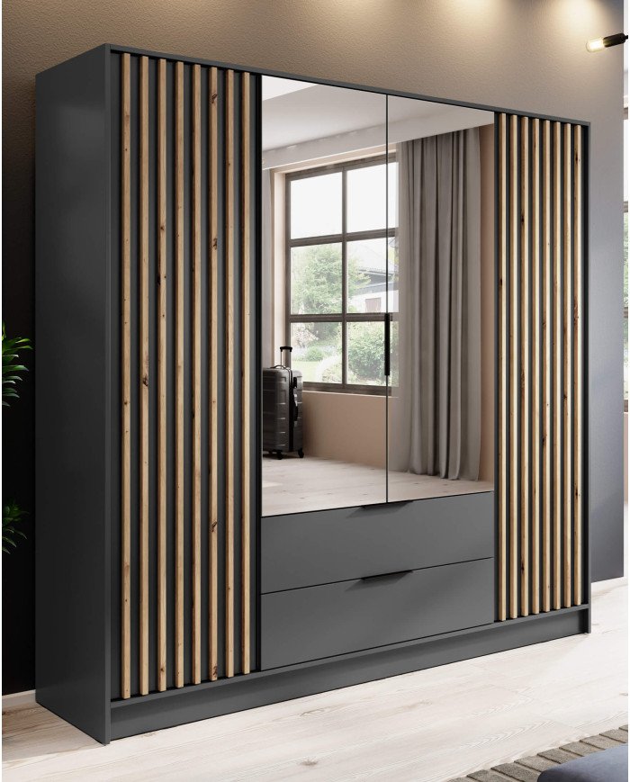 Nelly 4D wardrobe, four doors, 206 cm, shelves, hanger, drawers, mirrors, graphite/artisan oak color - Image 3