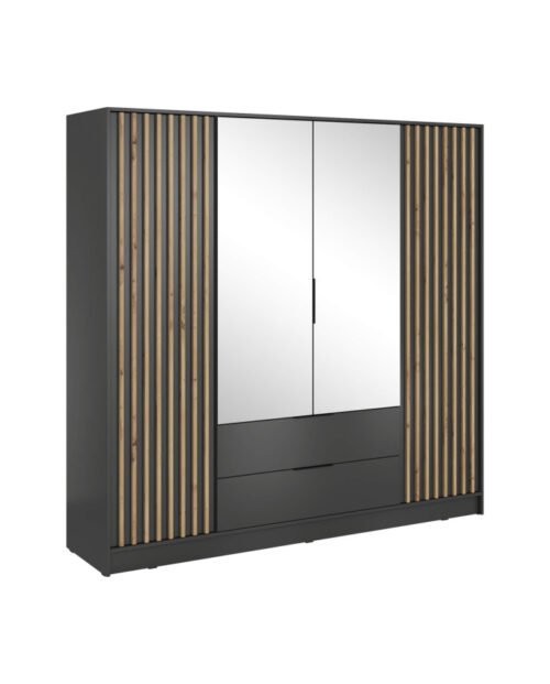 Nelly 4D wardrobe, four doors, 206 cm, shelves, hanger, drawers, mirrors, graphite/artisan oak color