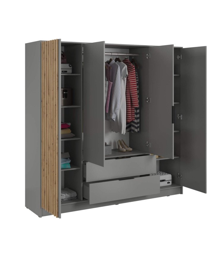 Nelly 4D wardrobe, four doors, 206 cm, shelves, hanger, drawers, mirrors, gray/artisan oak - Image 2