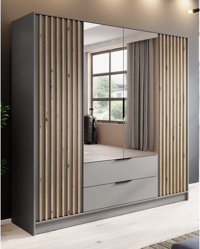 Nelly 4D wardrobe, four doors, 206 cm, shelves, hanger, drawers, mirrors, gray/artisan oak - Image 3