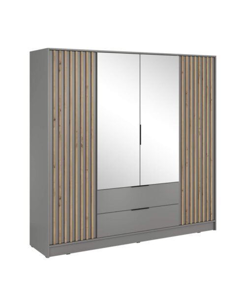 Nelly 4D wardrobe, four doors, 206 cm, shelves, hanger, drawers, mirrors, gray/artisan oak