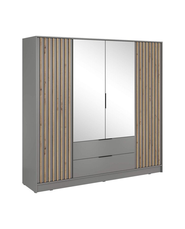 Nelly 4D wardrobe, four doors, 206 cm, shelves, hanger, drawers, mirrors, gray/artisan oak