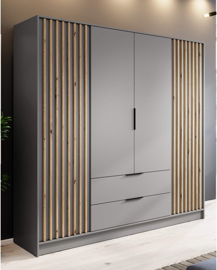 Nelly 4D wardrobe, four doors, 206 cm, shelves, hanger, drawers, gray/artisan oak - Image 3