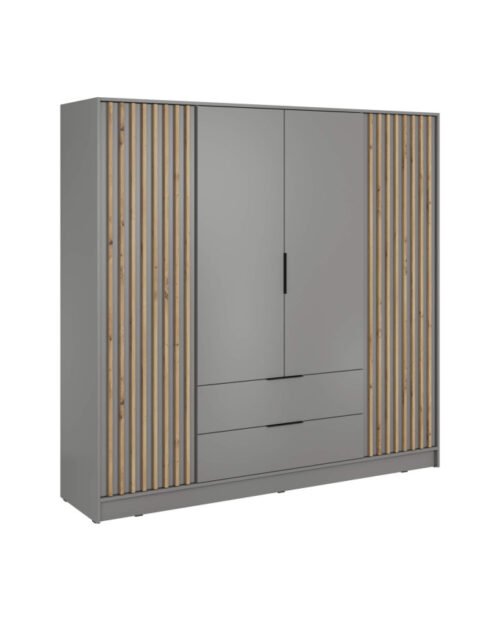 Nelly 4D wardrobe, four doors, 206 cm, shelves, hanger, drawers, gray/artisan oak