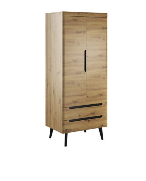 Nordi NSZ80 wardrobe, two doors, drawers, hanging rail, Artisan Oak / black