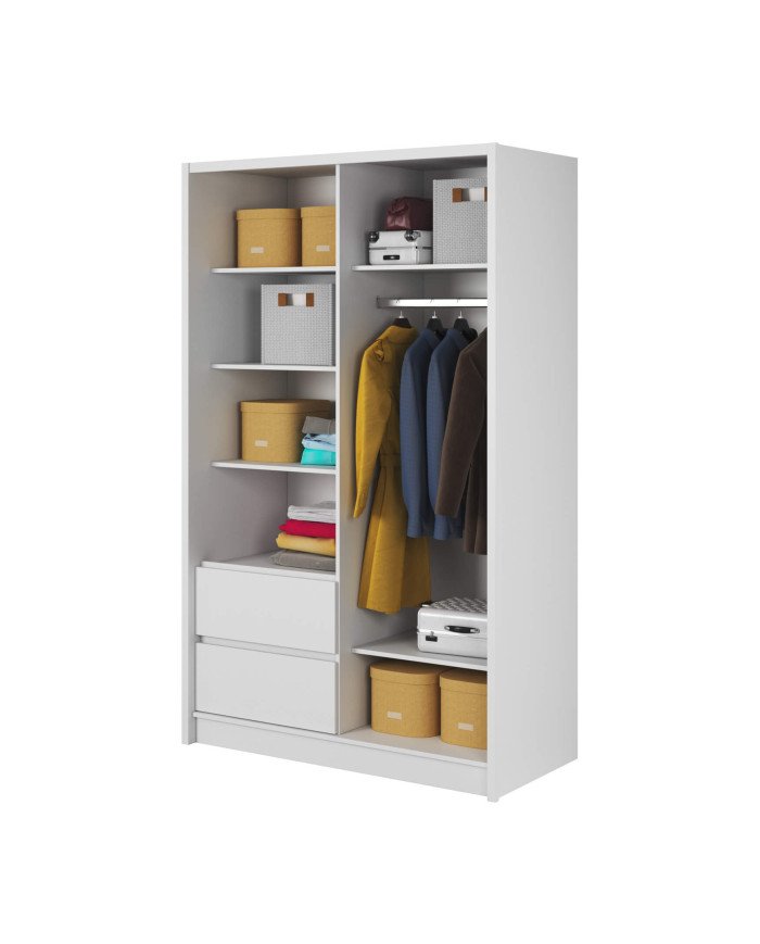 Sara wardrobe, two doors, 134 cm, sliding, shelves, hanging rail, drawers, mirror, white - Image 2