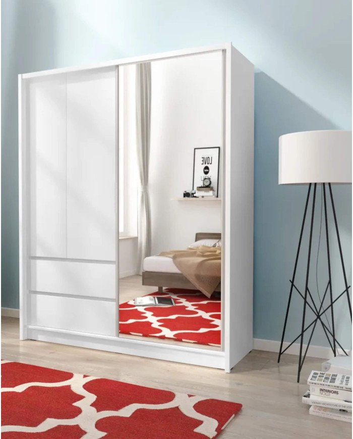 Sara wardrobe, two doors, 134 cm, sliding, shelves, hanging rail, drawers, mirror, white - Image 3