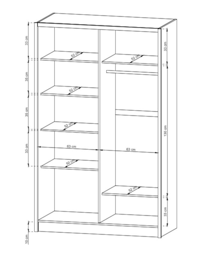 Sara wardrobe, two doors, 134 cm, sliding, shelves, hanging rail, drawers, mirror, white - Image 5