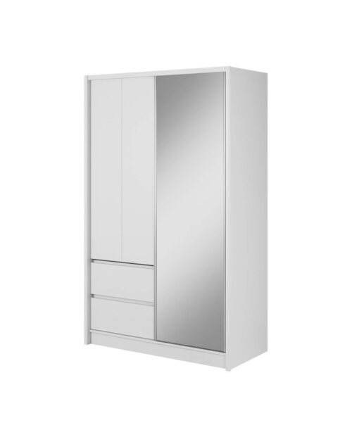 Sara wardrobe, two doors, 134 cm, sliding, shelves, hanging rail, drawers, mirror, white