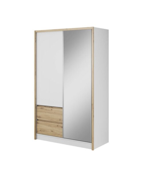 Sara wardrobe, two doors, 134 cm, sliding, shelves, hanger, drawers, mirror, white/artisan oak