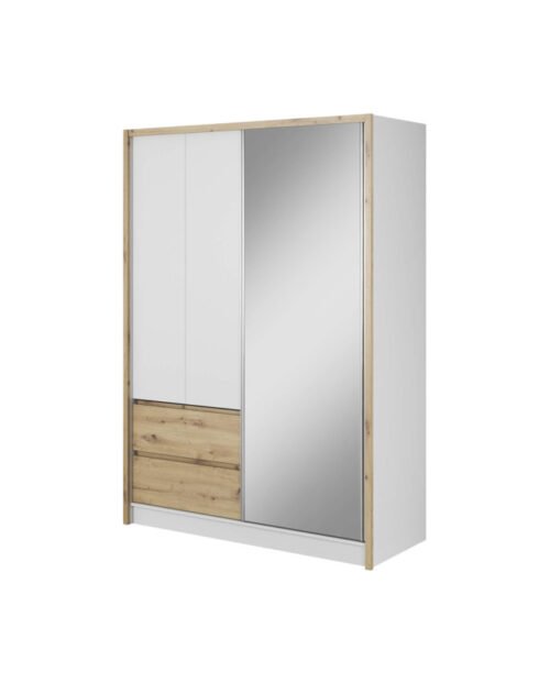 Sara wardrobe, two doors, 154 cm, sliding, shelves, hanger, drawers, mirror, white/artisan oak