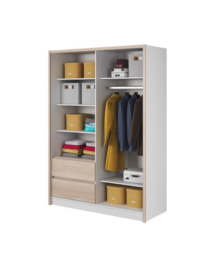 Sara wardrobe, two doors, 154 cm, sliding, shelves, hanger, drawers, mirror, white/Sonoma oak - Image 2