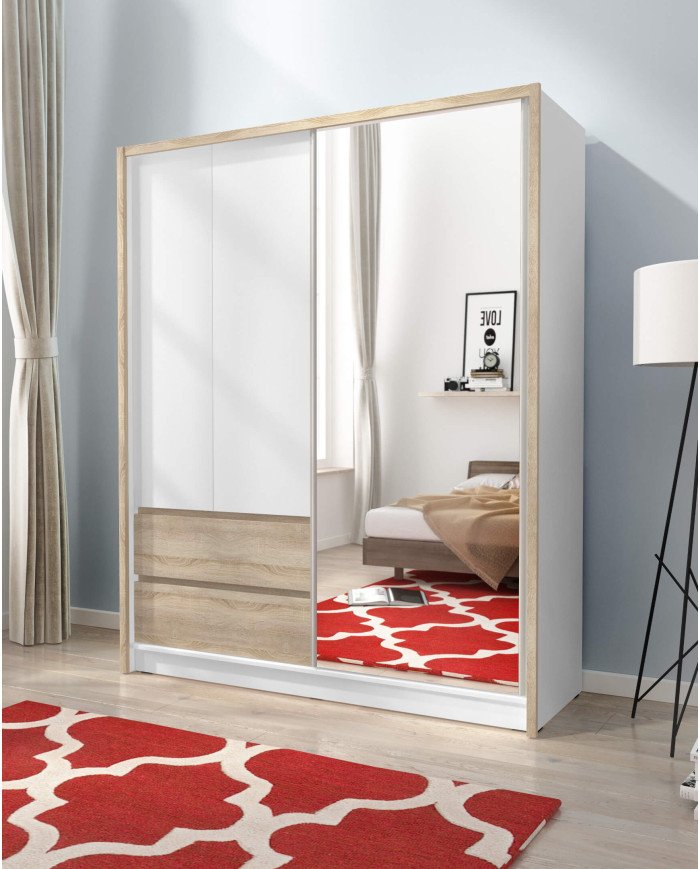 Sara wardrobe, two doors, 154 cm, sliding, shelves, hanger, drawers, mirror, white/Sonoma oak - Image 3
