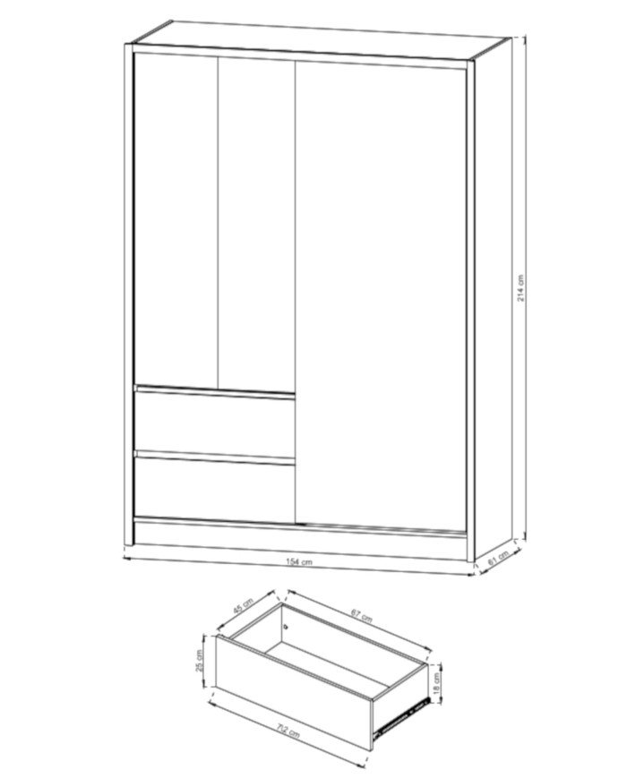 Sara wardrobe, two doors, 154 cm, sliding, shelves, hanger, drawers, mirror, white/Sonoma oak - Image 5