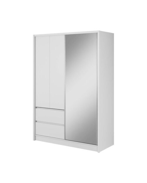 Sara wardrobe, two doors, 154 cm, sliding, shelves, hanging rail, drawers, mirror, white