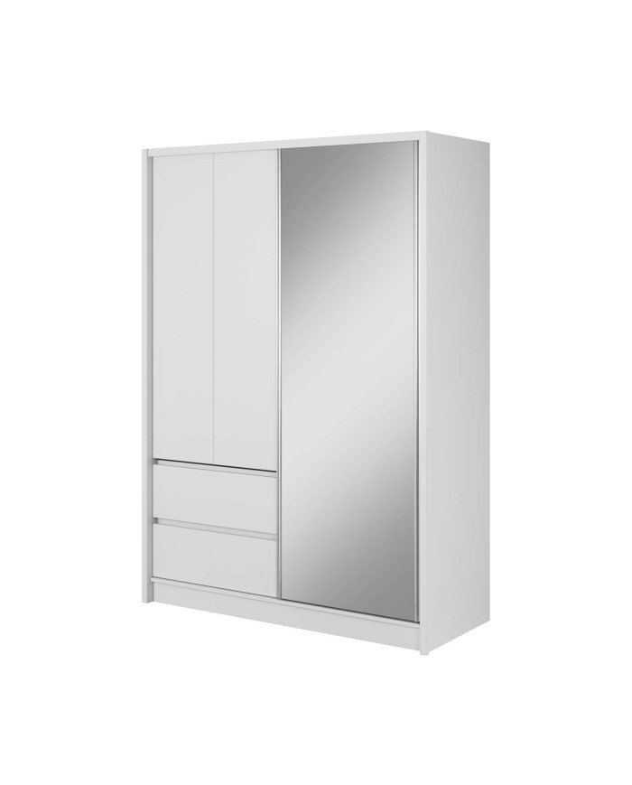 Sara wardrobe, two doors, 154 cm, sliding, shelves, hanging rail, drawers, mirror, white