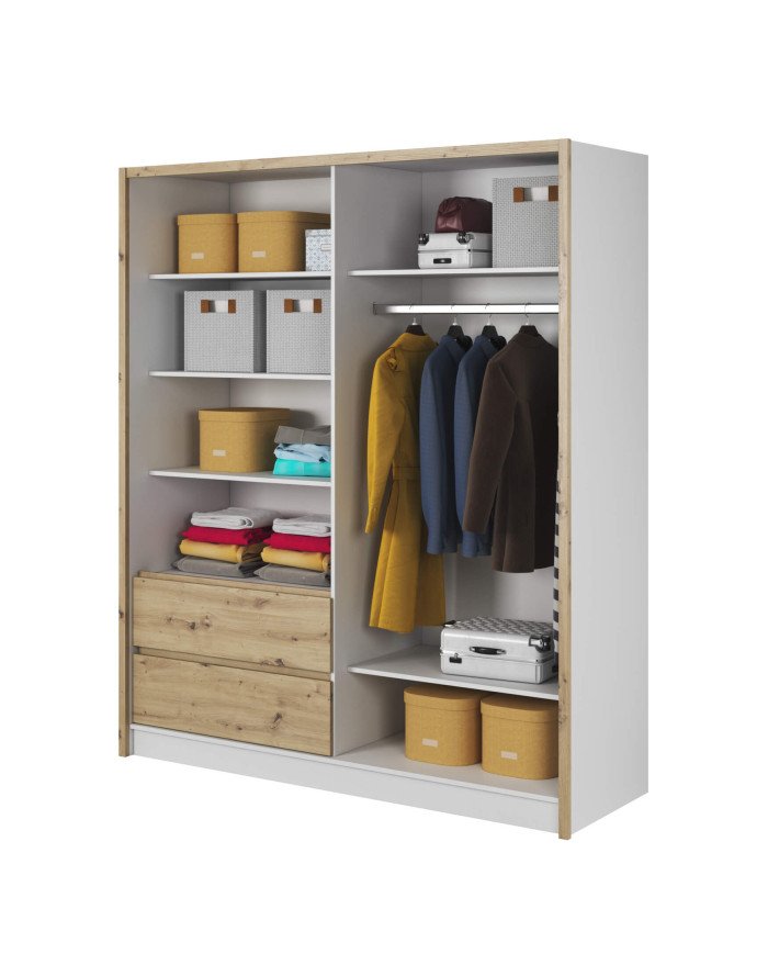Sara wardrobe, two doors, 184 cm, sliding, shelves, hanger, drawers, mirror, white/artisan oak - Image 2