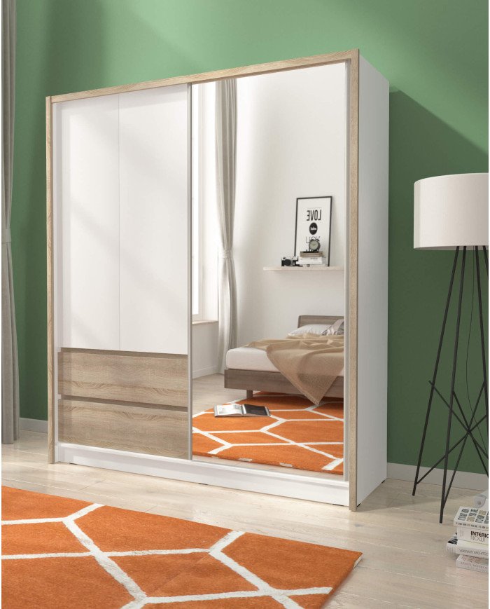 Sara wardrobe, two doors, 184 cm, sliding, shelves, hanger, drawers, mirror, white/artisan oak - Image 3