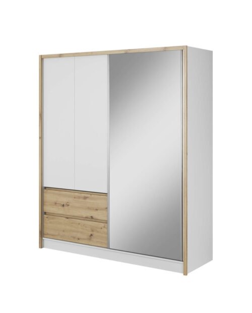 Sara wardrobe, two doors, 184 cm, sliding, shelves, hanger, drawers, mirror, white/artisan oak