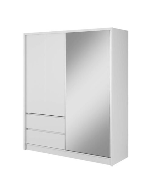 Sara wardrobe, two doors, 184 cm, sliding, shelves, hanging rail, drawers, mirror, white