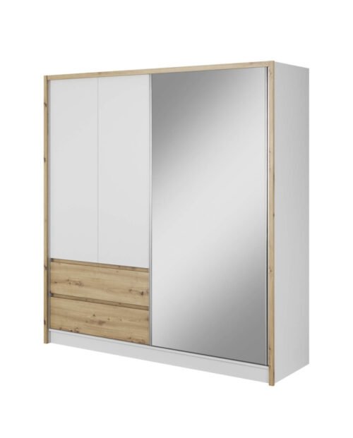 Sara wardrobe, two doors, 204 cm, sliding, shelves, hanger, drawers, mirror, white/artisan oak