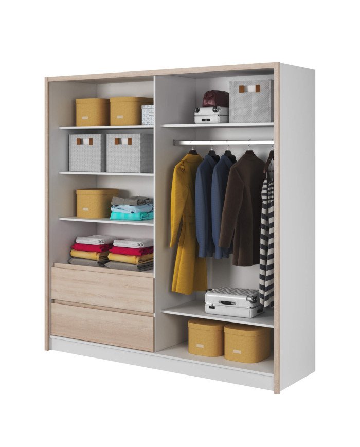 Sara wardrobe, two doors, 204 cm, sliding, shelves, hanger, drawers, mirror, white/Sonoma oak - Image 2