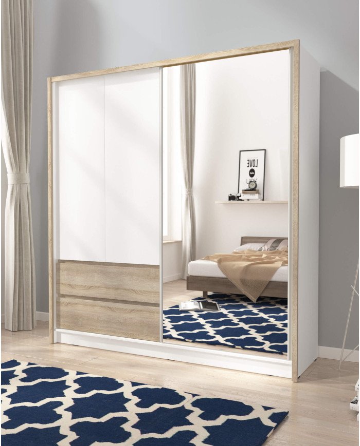 Sara wardrobe, two doors, 204 cm, sliding, shelves, hanger, drawers, mirror, white/Sonoma oak - Image 3