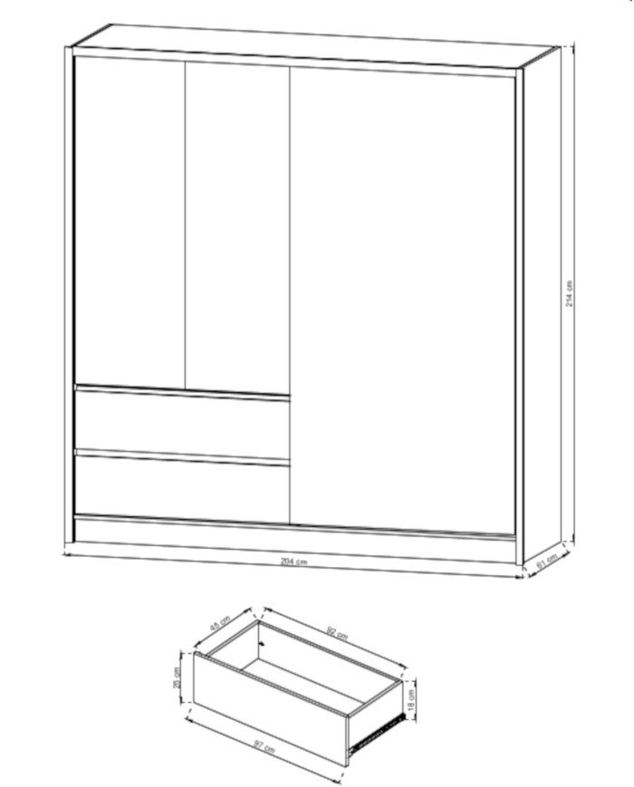 Sara wardrobe, two doors, 204 cm, sliding, shelves, hanger, drawers, mirror, white/Sonoma oak - Image 5