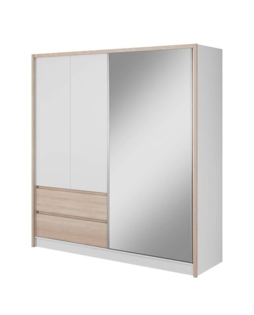 Sara wardrobe, two doors, 204 cm, sliding, shelves, hanger, drawers, mirror, white/Sonoma oak