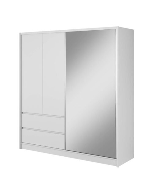 Sara wardrobe, two doors, 204 cm, sliding, shelves, hanging rail, drawers, mirror, white