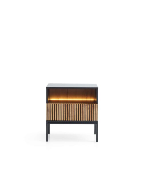 Sento S54 bedside table, drawer, recessed, with lighting, black/Wotan oak