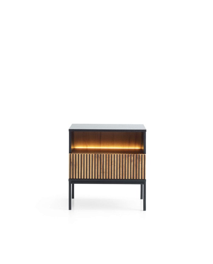 Sento S54 bedside table, drawer, recessed, with lighting, black/Wotan oak
