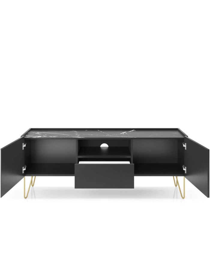 Harmony RTV144 TV cabinet, with doors, niche, drawer, black graphite/black royal marble - Image 2