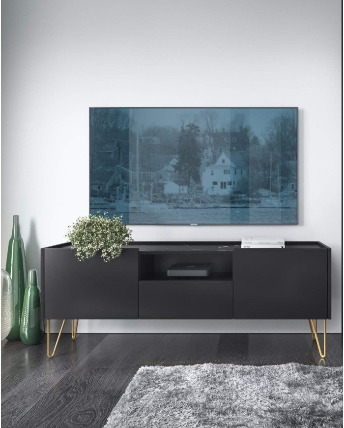 Harmony RTV144 TV cabinet, with doors, niche, drawer, black graphite/black royal marble - Image 4